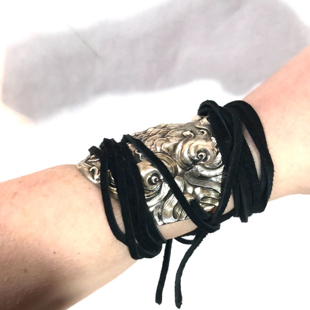 Antique Sterling Silver 925 Cuff Tie Wrap Bracelet Victorian Cherub Putti Biker - Picture 8 of 13